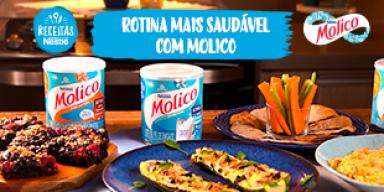 Fotografia de de três receitas, abobrinha recheada, hommus e brownie de frutas vermelhas juntas com os produtos da Linha Moli