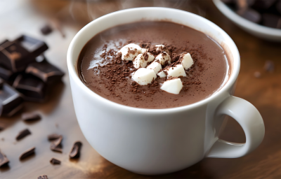 Imagem de uma xícara branca com chocolate quente com pedaços de marshmallow branco.