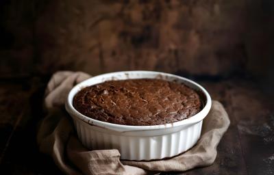Fotografia de uma forma branca com bolo de chocolate sem glúten sobre uma mesa de madeira escura. Fotografia de uma forma branca com bolo de chocolate sem glúten sobre uma mesa de madeira escura.