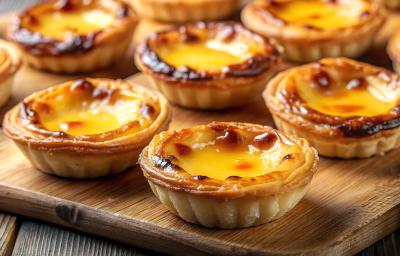 Fotografia em tons de amarelo com uma tábua de madeira ao centro. Em cima da tábua existe vários pastéis de nata caramelizados e dourados feitos na Air Fryer Fotografia em tons de amarelo com uma tábua de madeira ao centro. Em cima da tábua existe vários pastéis de nata caramelizados e dourados feitos na Air Fryer