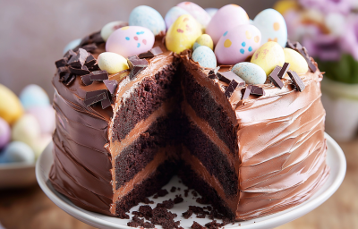 Fotografia mostra um bolo de chocolate recheado com chocolate, coberto com ganache de chocolate e decorado com temática de páscoa. Fotografia mostra um bolo de chocolate recheado com chocolate, coberto com ganache de chocolate e decorado com temática de páscoa.